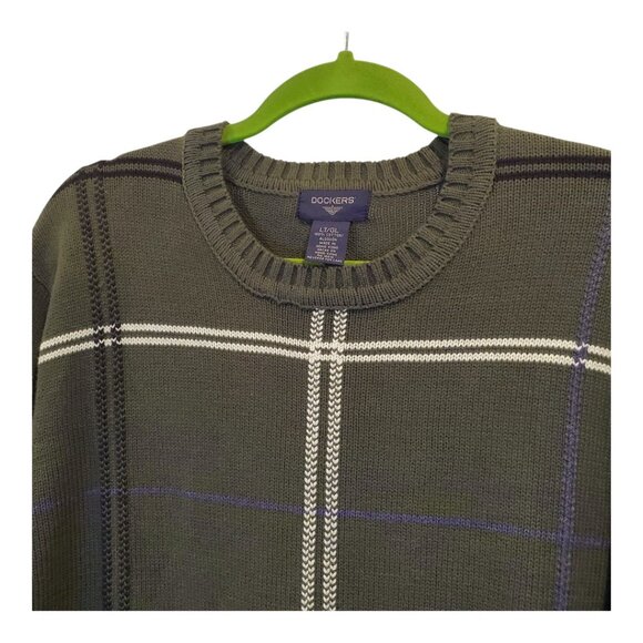 NEW DOCKERS SZ LT 100% Cotton Green Windowpane Pattern Knit Crewneck Sweater - Picture 3 of 7